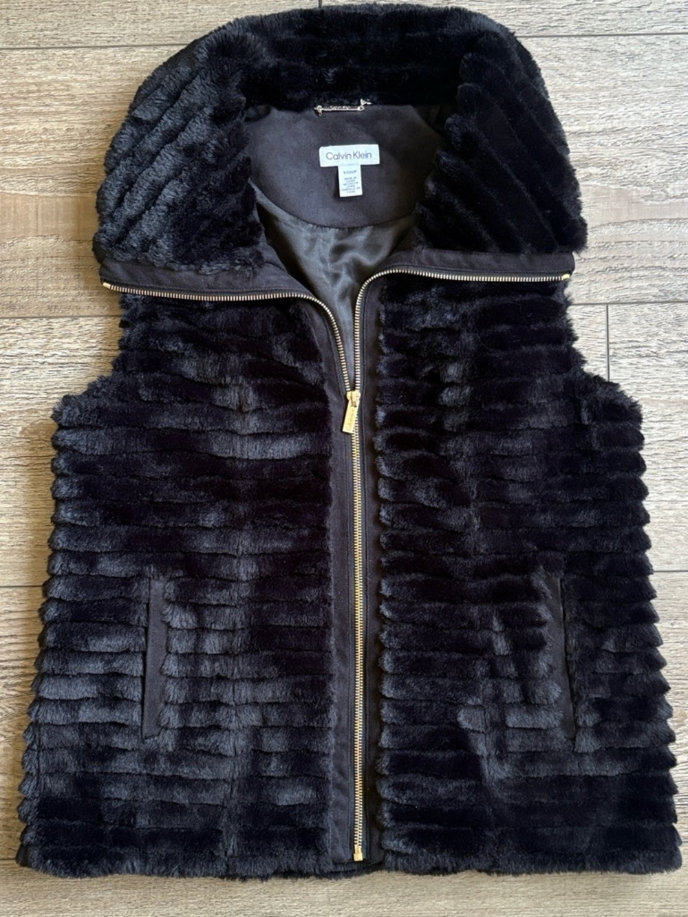 Calvin Klein Black Faux Rabbit Fur Hooded Zip-Up Vest Super Soft Outerwear